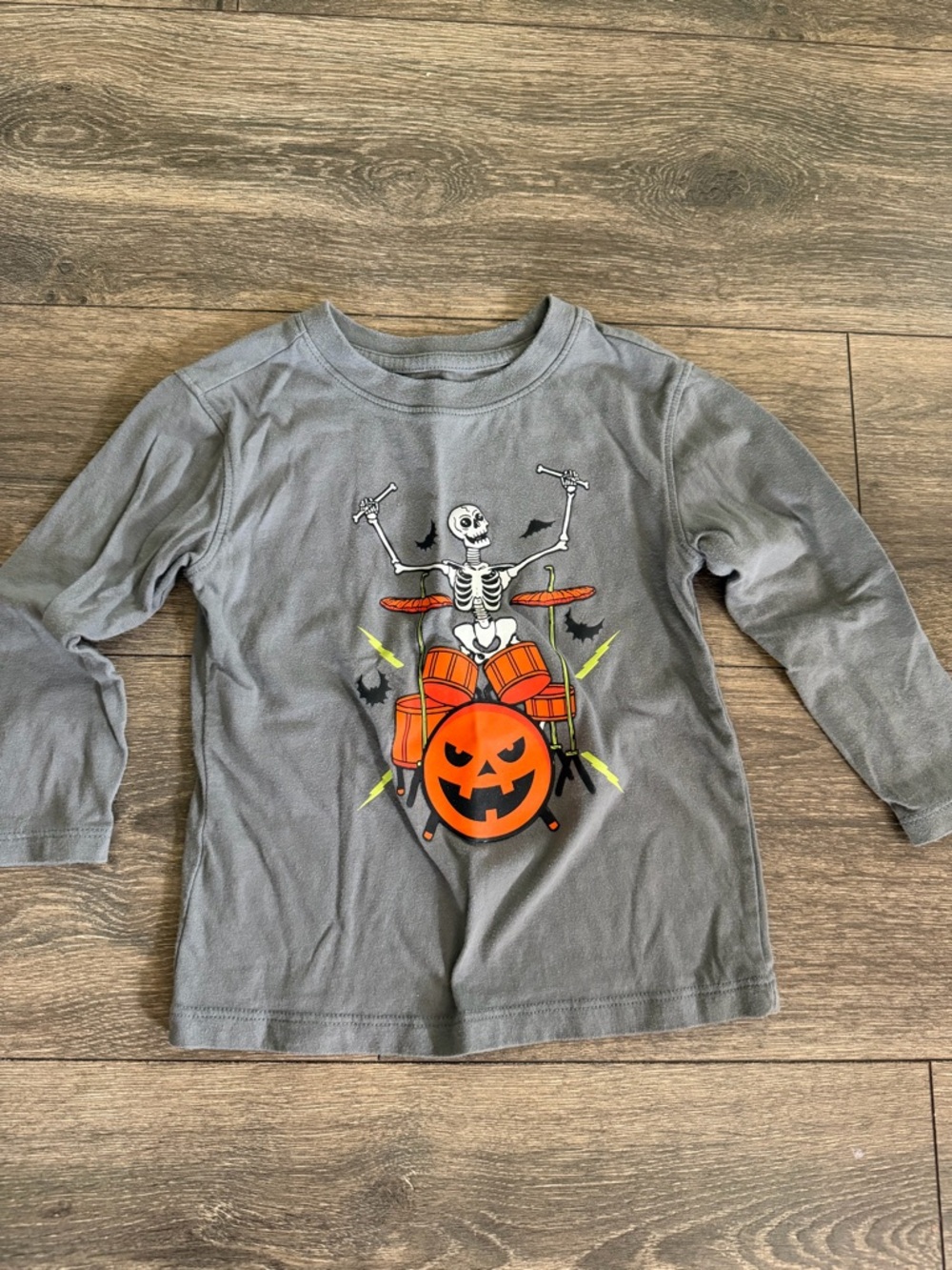 2t Grey Kids' Halloween Skeleton Drummer Long Sleeve Shirt - Orange Accents